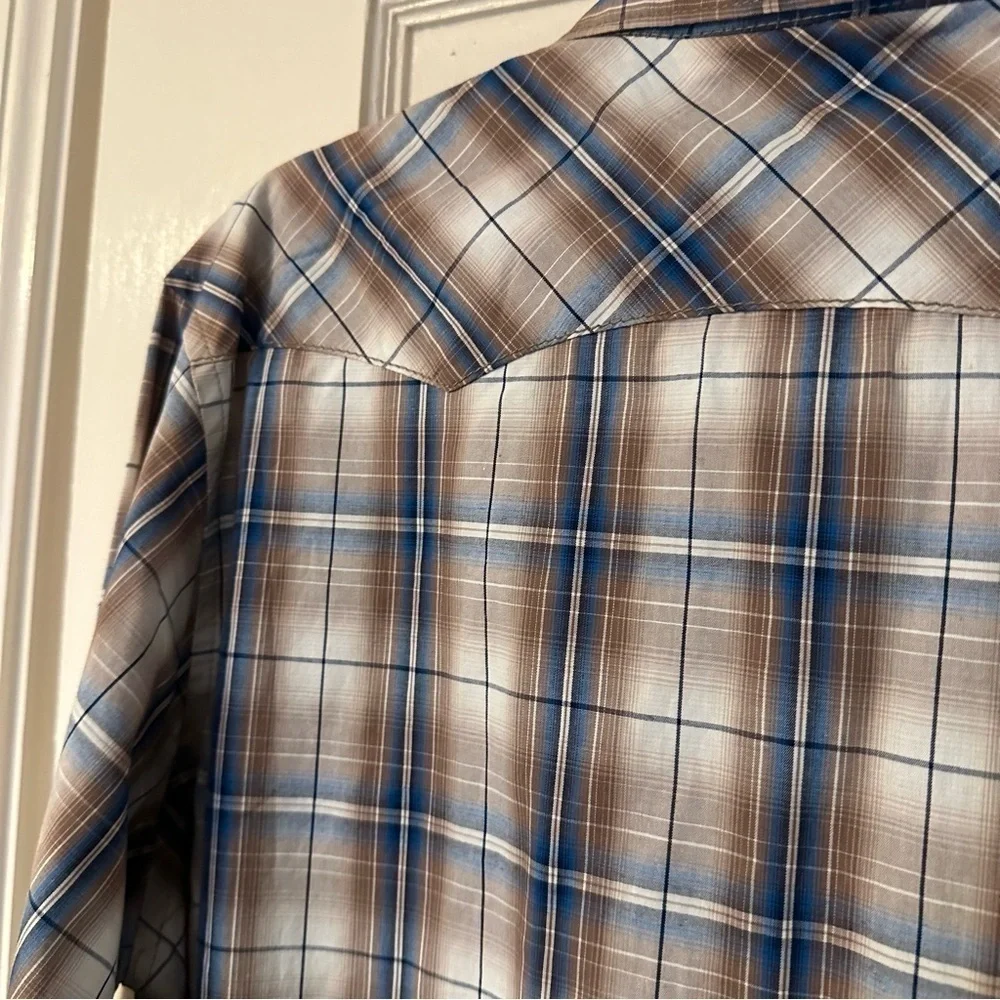 Wrangler Shirt Tan Blue Pearl Snap Rodeo Western Sawtooth Pockets Cowboy Sz XXL